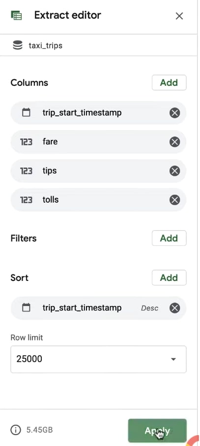 bigquery to google sheets - extract editor